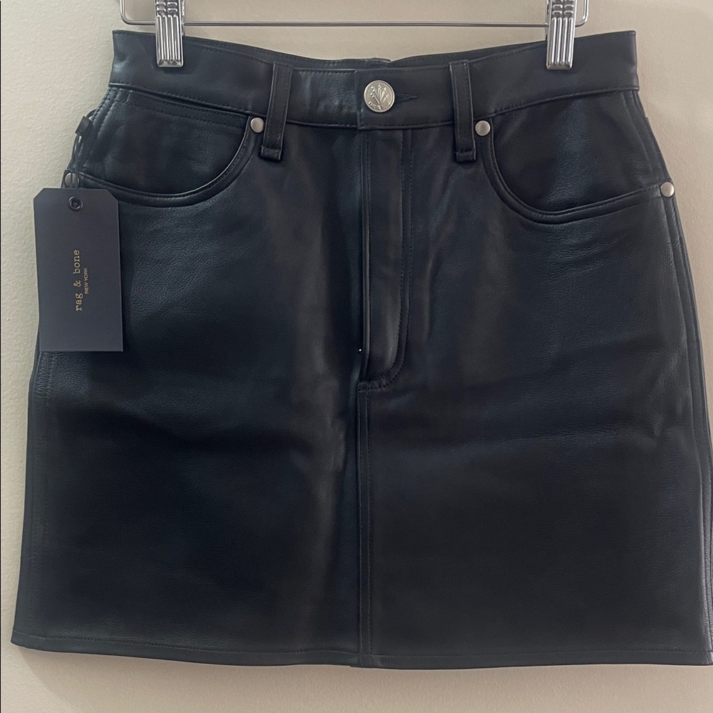 rag & bone Black Leather Mini Skirt with Five-Pocket Detail